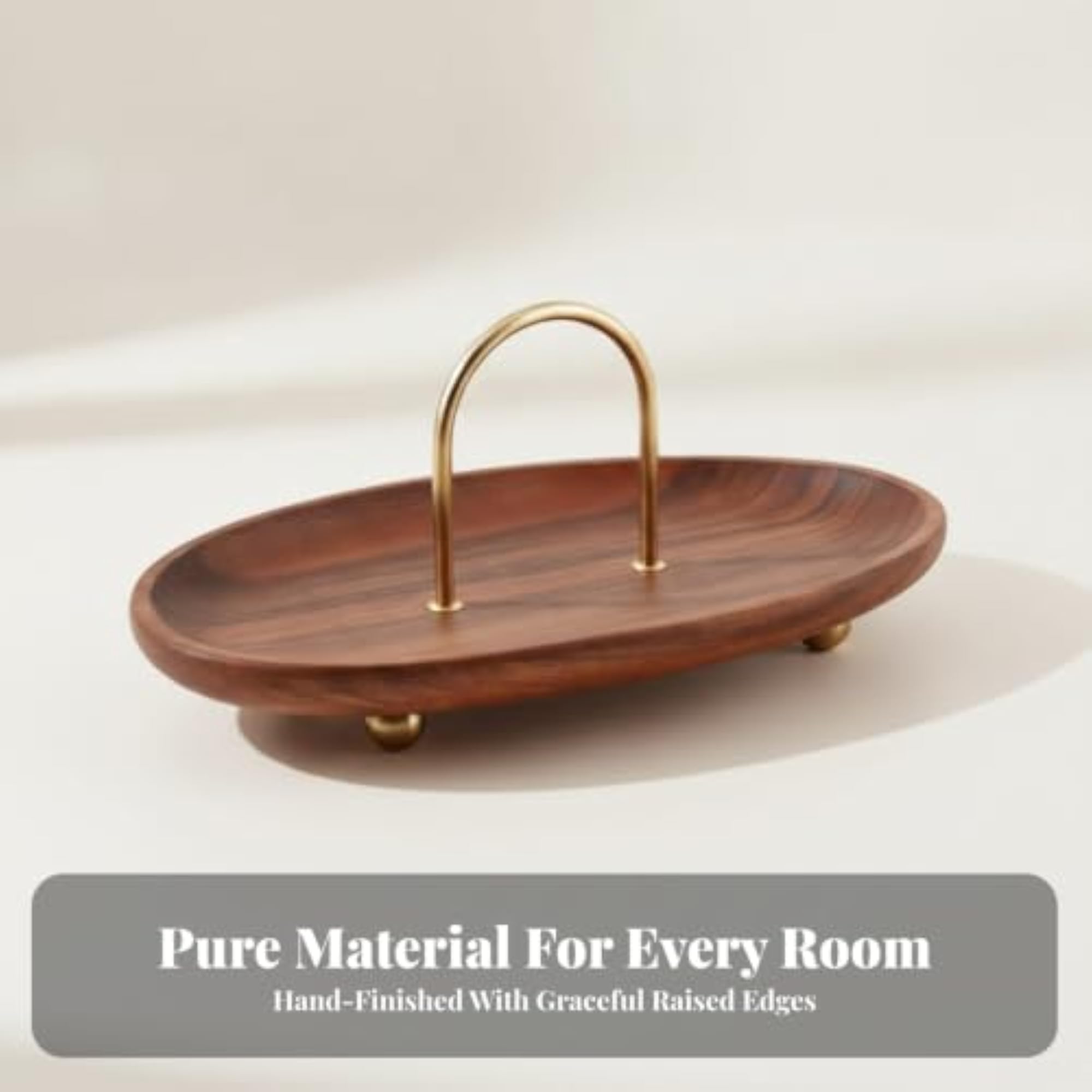Compact Oval Wooden Tray with Metal Handles, Multi-Purpose