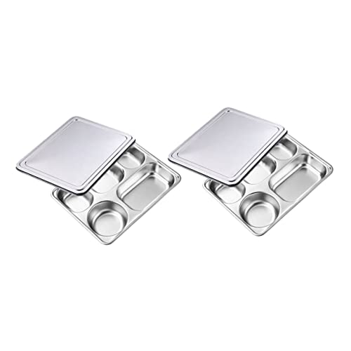 BESPORTBLE 2 Sets Stainless Steel Divided Food Plates Lids for Boys and Girls Camping Hiking Travel
