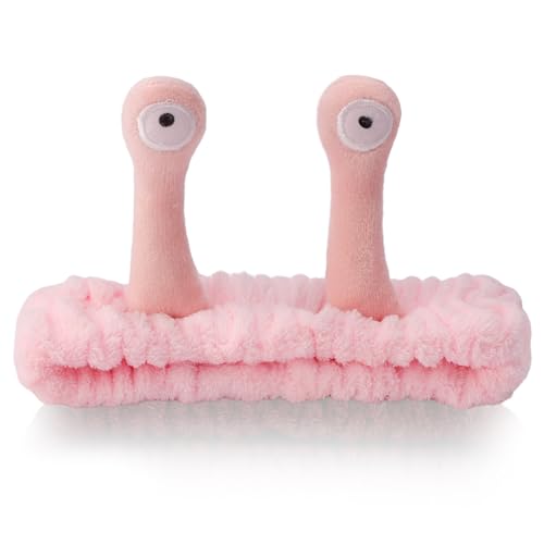 SuPoo Diadema de caracol rosa claro, divertida diadema de spa para el cuidado de la piel, diadema de maquillaje hinchada para mujer, diadema elástica con antena, ojos, banda para el cabello para lavar
