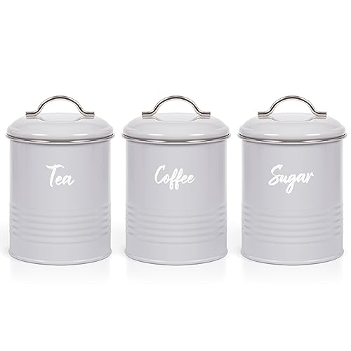 Ehc Tea, Coffee, Sugar, Canister Set, Set of 3 Airtight Food Storage Easy to Open Storage Cansiters Jars Tin, Grey