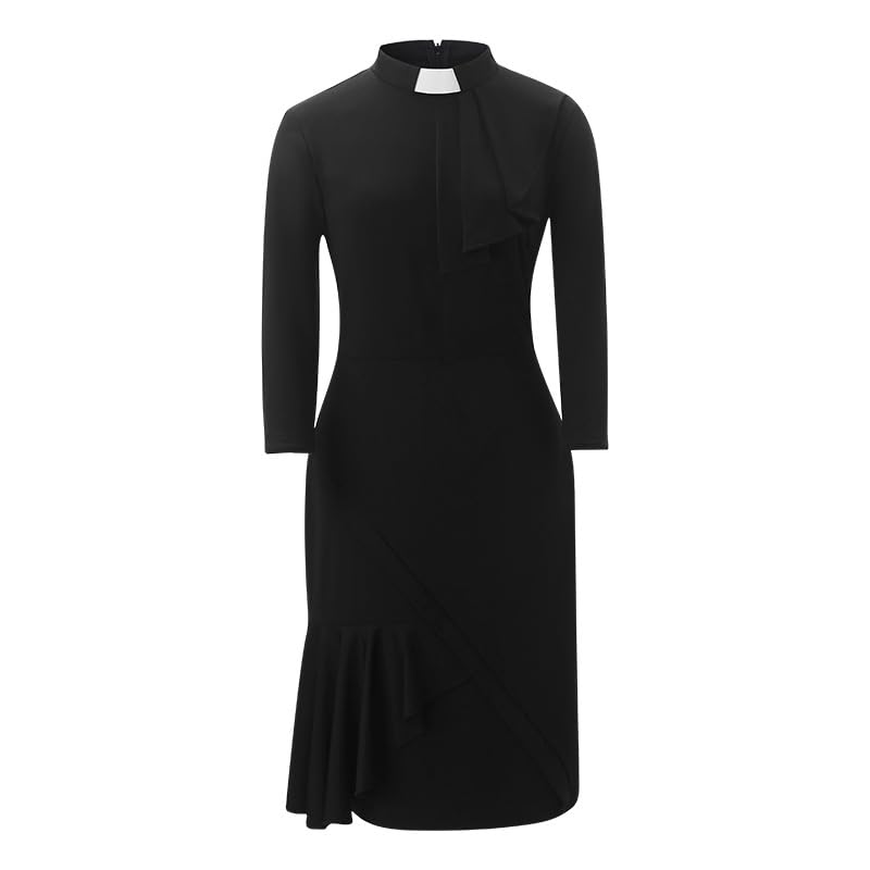 CAMDOM Women's Clergy Dress 3/4 Sleeve Black Pencil Dress with Ruffle Collar