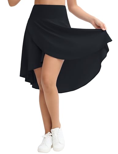 Origiwish Women's High Waist Flowy Midi Skirts Asymmetric Ruffle Hem High Low Skorts with Built-in Shorts2