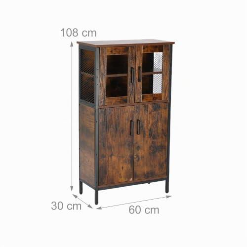 Miniatura 4 de Relaxdays Armario Alto De Cocina Industrial Con Puertas De Cristal, Vitrina Estrecha 108x60x30 Cm, Madera Marrón
