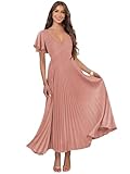 MXODI V Neck Satin Bridesmaid Dresses with Sleeves Long Pleated V Neck Evening Gowns with Pockets Size 10 Dusty Rose
