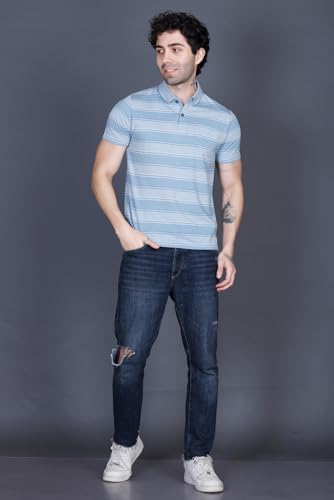 Image of GODFREY Striped Tshirt Shirts Men Cotton Polo T Shirt for Man with Pocket - Regular Fit Half Sleeve Collar T Shirts for Men