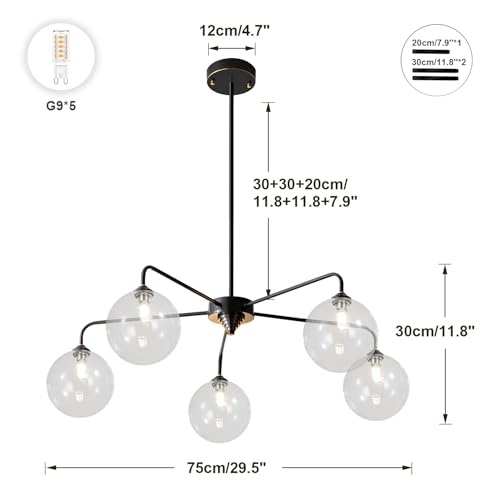 Image of Mid Century Modern Sputnik Chandelier 5 Light Black Chandelier Clear Glass Globe Sputnik Chandelier for Dining Room Bedroom Kitchen