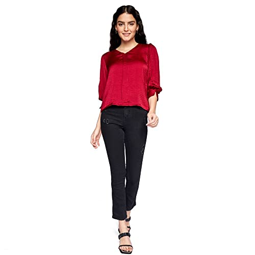 Image of AND Solid Polyester V Neck Womens Regular Top (SS22AS051THS-P)