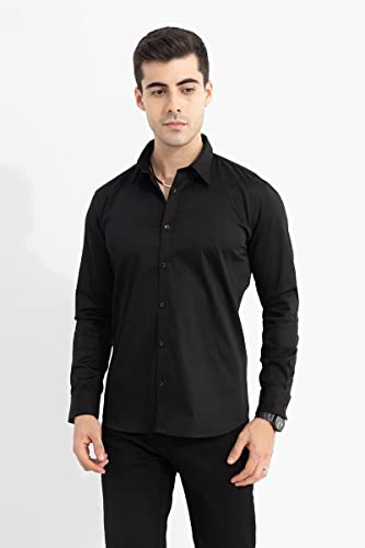 Image of SNITCH Men Shirt Formal Wear Slim Fit Full Sleeve Spread Collar Plain Style | Premium Satin Cotton Blend & Breathable Fabric for Office