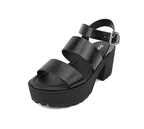 Image of Soda ACCOUNT ~ Women Open Toe Two Bands Lug sole Fashion Block Heel Sandals with Adjustable Ankle Strap