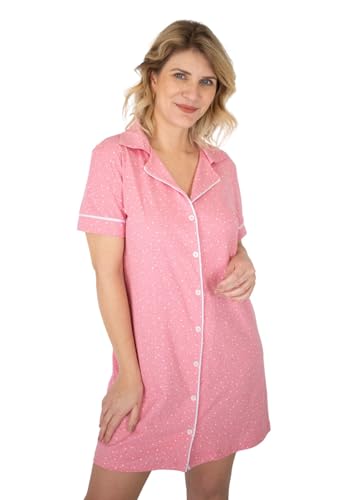 Camisola Algodão Feminina Americana Manga Curta com Botões Adulto indicado Gestante Amamentação e Pós cirúgico – Poá Rosa (Rosa, M)