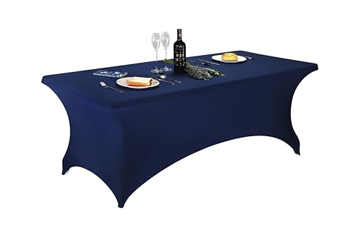 LZY Spandex Table Covers 8 Feet, Stretch/Fitted Table Covers for 8 Feet Folding Table, Rectangular Spandex Table Cloths for Wedding Party or Event (8FT-2PCS, Navy)