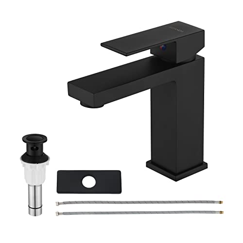 Free Shipping 🛒 EZANDA Brass Single-Handle Bathroom Sink Faucet with Escutcheon, Pop Up Drain Stopper & Water Supply Hoses, Matte Black, 14253