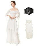 BITSEACOCO Women Medieval Victorian Off Shoulder Dress, Gothic Puff Sleeve Irish Chemise Dresses, Renaissance Costume High Low Long Skirts (L, White)