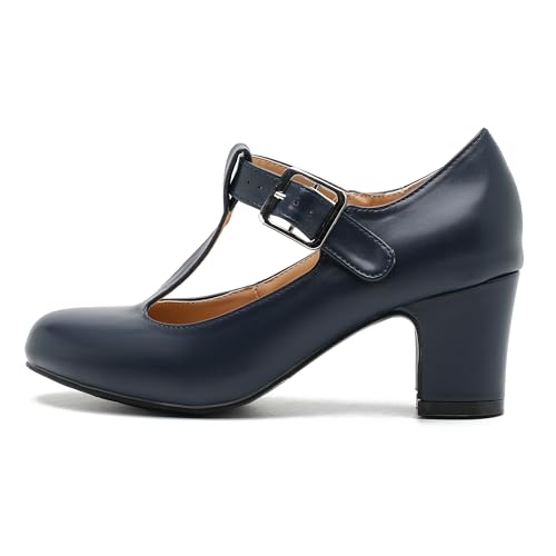 Women's T-Strap Mary Jane Pumps Round Closed Toe Comfortable Low Chunky Block Heel Wedding Dress Evening Party Shoes Navy Matte 44-11US 7