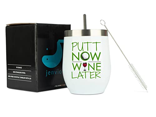 Jenvio Golf Gifts For Women - Putt Now, Wine Later |White Stainless Steel Wine/Coffee Tumbler W Sliding Lid And Straw | Funny Female Golf Wine Glass Themed Stuff For Golfing Women Golfers (12 Ounce) #TOP1