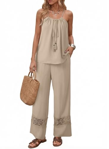 Dokotoo Boho Tops for Women Summer Casual Spaghetti Strap Beige