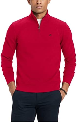 Tommy Hilfiger men's 1/4 Zip Mockneck Sweatshirt Sweater, Red, Large US