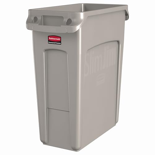 Rubbermaid Commercial Products Slim Jim Plastic Rectangular Trash/Garbage Can with Venting Channels, 16 Gallon, Beige (1971259)