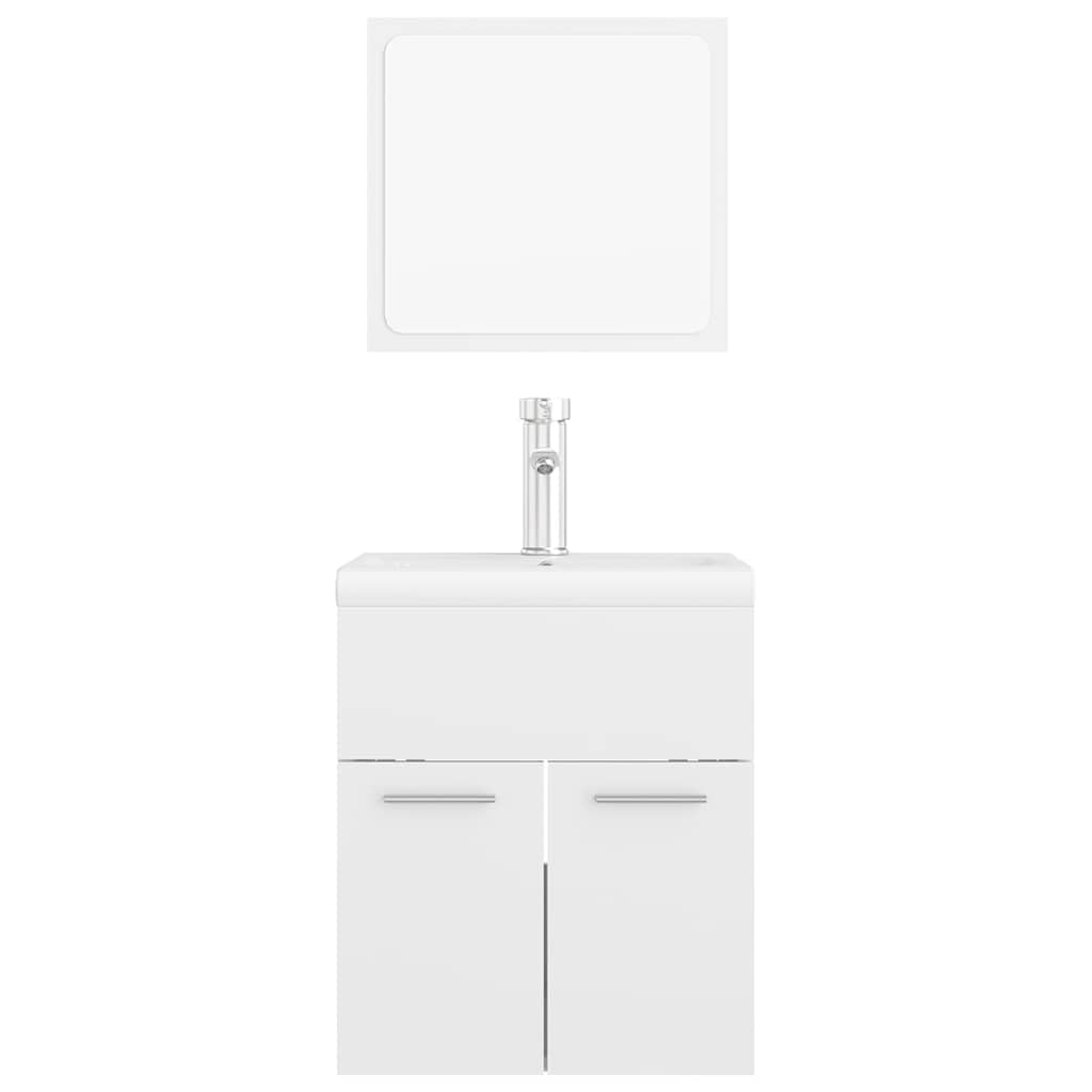 Juego de muebles de baño de color blanco brillante de madera con armario para lavabo, lavabo empotrado de cerámica, espejo, espacio de almacenamiento y sistema de desagüe para baño y