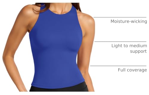 Image of LASLULU Womens High Neck Workout Tank Tops with Built in Bra Strappy Back | Low to Medium Impact,Longline Halter Neck Sports Bra,Fitted Compression,Padded Athletic Yoga Running Gym Pilates Tank Tops