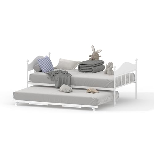 Image of Garvee Twin Daybed with Trundle, Twin Bed Frame with with Stylish Headboard | Sofa BedFrame with Pop Up Foldable Trundle Bed, Heavy Duty Steel Slats Platform for Bedroom and Guest Room, White