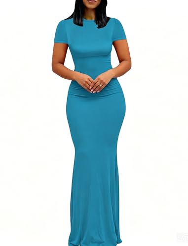 Image of Womens Summer Short Sleeve Square Neck Elegant Casual Lounge Bodycon Slim Maxi Evening Party Long Dress