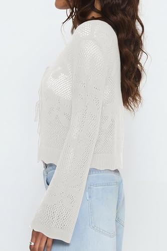 Image of Balimtoy Women Tie Front Cardigan Crochet Sweater Crop Tops Cute Bell Long Sleeve Knit Shrug Beach Vacation Cover Up