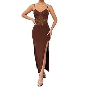 4UFIT Women’s Lace Slip Long Dress Sexy Sleeveless Backless Patchwork Bodycon Maxi Dresses Brown