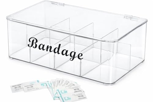 Lolytama Bandage Storage Organizer -Large Capacity First Aid Organizer -8 Compartments Bandaid Holder-Medicine Cabinet Storage for Cotton Swab Paper Clips Pills Flip Cover (Clear)