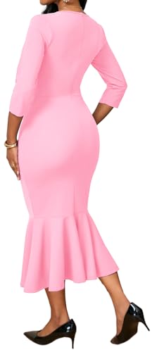Image of VisiChenup Elegant Dress for Women V Neck Long Sleeve Midi Fishtail Dress | Elegant Dress for Women Long Sleeve Wedding Guest Cocktail Bodycon Dresses with Zipper