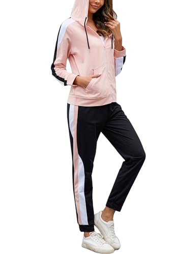 Litherday Jogging Femme Ensemble Survêtement Coton Rayé Ensemble Sport à Manches Longues Sportswear à Capuche Zippé,Rose,L