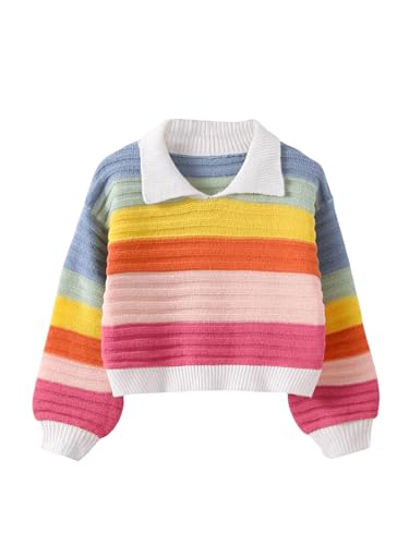 WDIRARA Girl's Colorful Striped Sweater Collar Long Sleeve Pullovers Colorblock Knit Top