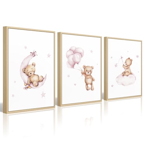 Bear Nursery Wall Art Decor Set of 3 Teddy Bear Wall Art Baby Girl Canvas Wall Decor Pink Pictures Balloon Nursery Children Prints Artwork Moon Star Cloud Art for Boys Room Bedroom 12x16 Inch Framed
