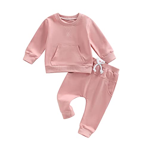Image of Fernvia Toddler Baby Girl Clothes 3 6 9 12 18 24 Months Fall Outfits Solid Long Sleeve Sweatshirt Tops + Pants Set (E-Pink, 18-24 Months)