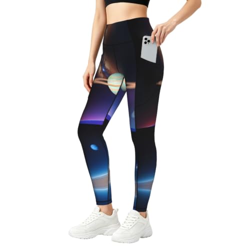 Leggings de yoga con bolsillos Cosmic Saturn de cintura alta y malla elástica suave para mujer