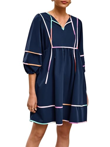 Cicy Bell Womens Babydoll Mini Dresses 3/4 Puff Sleeve V Neck Dress Casual Loose Fit Patchwork Pleated Swing Vacation Outfits3