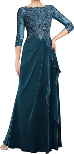 WSEYU Vestidos de madre de la novia para boda, mangas largas 3/4, apliques de encaje, plisados, vestidos de madre del novio, cuello redondo, Teal, 42