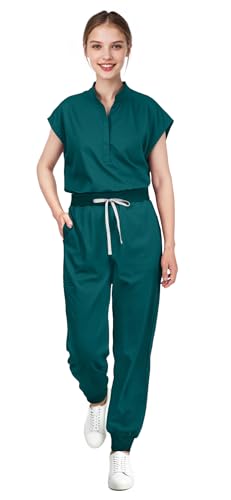 Eadflie Scrubs for Women Set - with Sleeveless Stand-Up Collar Scrub Top & Jogger Scrub Pants, Cool Stretch, Comfortable & Breathable Nurse Uniform, 8-Pocket Design - [Green/L]
