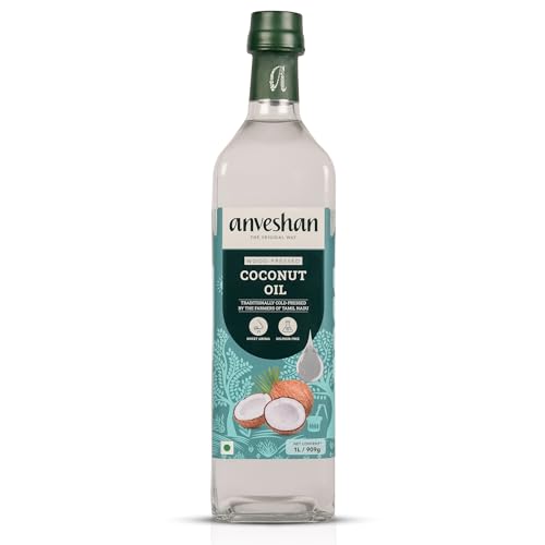 Anveshan Wood Cold Pressed Coconut Oil 1L | Glass Bottle | Kolhu/Kacchi Ghani/Chekku Method | Natural & Chemical-Free | Edible Grade | For Cooking, Skin, Hair & Baby Massage | Unrefined