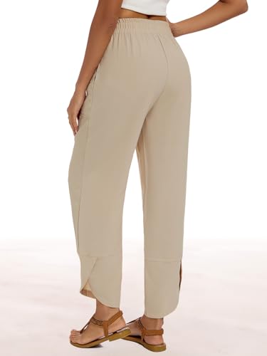 Womens Baggy Wide Leg Pants Casual Elastic Waisted Lounge Pants Palazzo Harem Pants Trousers with Pockets Light Khaki3