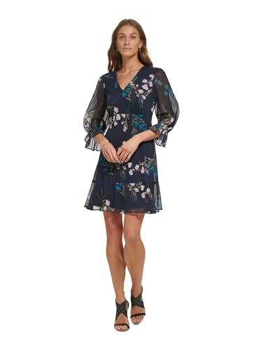Image of DKNY Women's V-Neck Balloon Sleeve with Ruffle Hem