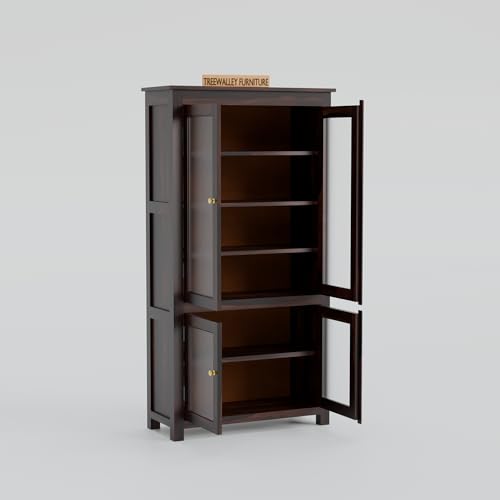 Image of Solid Sheesham Wood Crockery Cabinet with 4 Acrylic Glass Doors | Wooden Wardrobe Kitchen Cabinet with 6 Shelves Storage | Bookcase for Living Room, Bedroom & Office | Walnut Finish