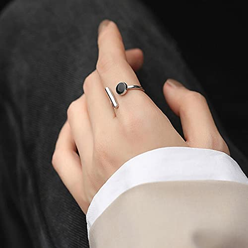Anello Aperto da Donna in Argento Sterling, Barra Tonda, Strass Nero, Gioielli Fatti a Mano Regolabili