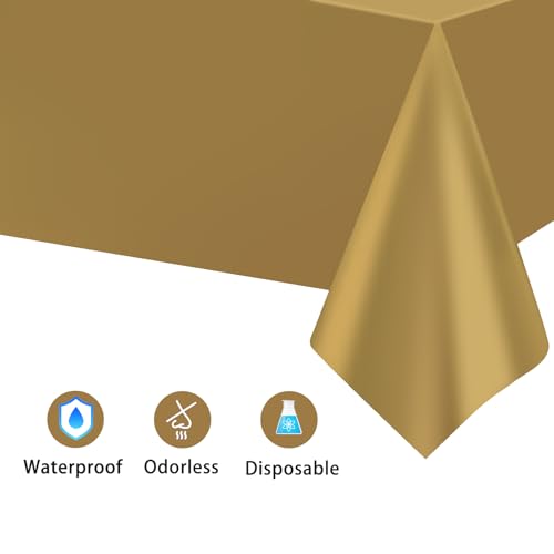 Image of Kopokita 2 Pack Gold Plastic Tablecloths Disposable 54 x 108 Inch