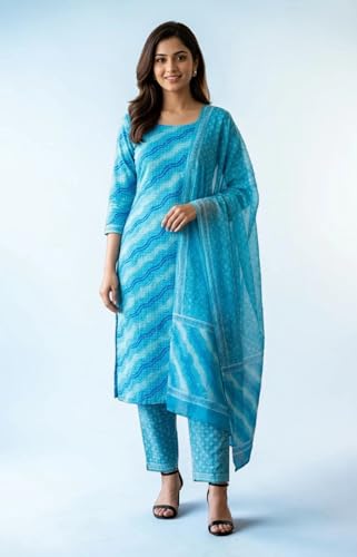 Image of Eddika women unstitched hand block printed cotton suit set with mulmul dupatta ehbpcswmd0120P