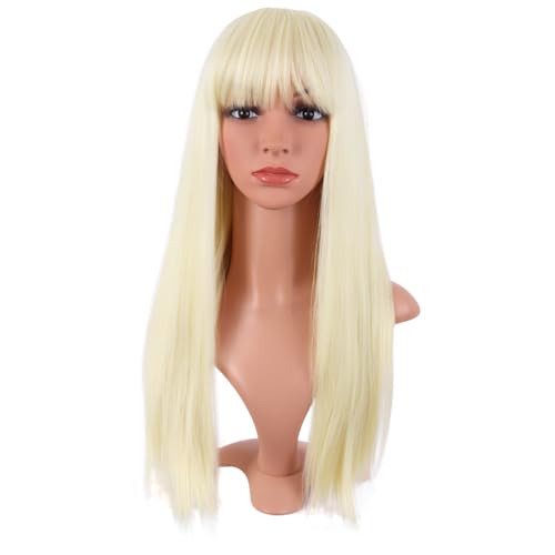 MapofBeauty 24 Pulgada/60 cm Largo Lacio Peluca Con Flequillo Sintética Cabello Heat Resistente Para Fiesta de Cosplay (Oro Claro)
