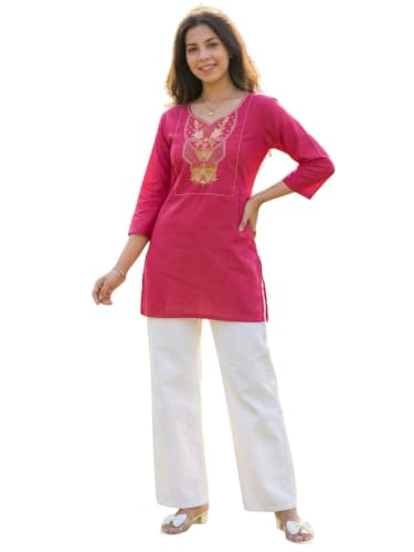 Image of Cotton Blend Embroidered Straight Kurta for Women | Cotton Blend | 3 /4 Sleeve | Round Neck V-Slit | Ethnic Wear Casual Wear