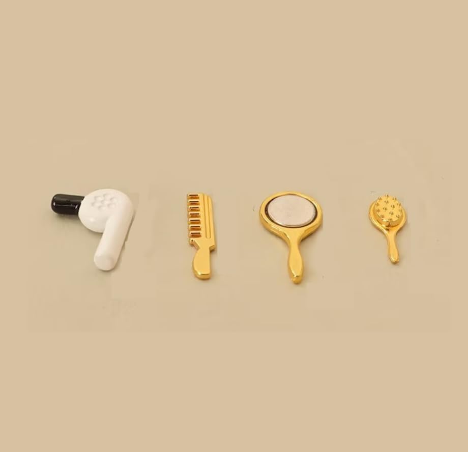 4Pcs Miniature Comb Hair Dryer Mirror Makeup Set, 1:12 Scale Dollhouse Decorations, Hair Dryer Dollhouse Miniature Bathroom Accessory