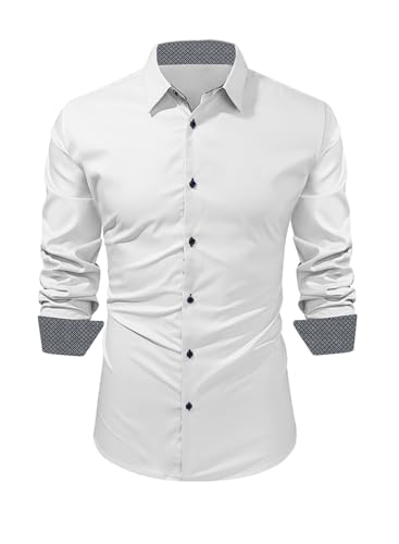 Meilicloth Hemd Herren Slim Fit Weisse Hemden Langarm Herrenhemden Freizeithemd Businesshemd Formale Elastiscer Frackhemden Musterhemd Paisley-Hemden Klassischer Kragen B Weiß XXL