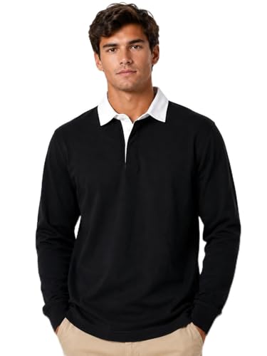 Gaffer Mens Rugby Shirt Long Sleeve Polo Top Plain Single Stripe Multi Stripe Classic Casual Sports Workwear Black - Plain 3XL